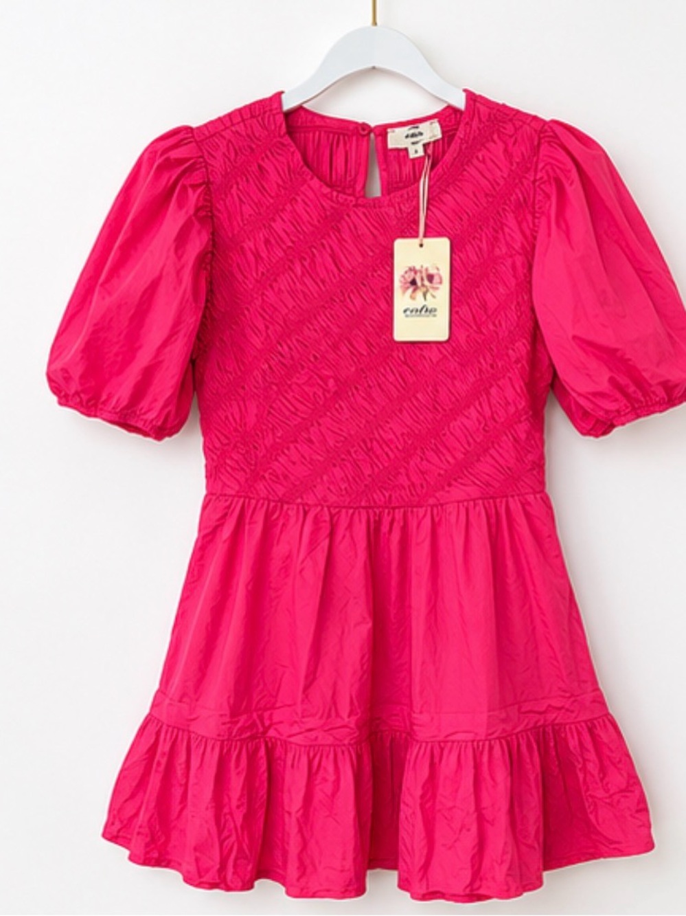 Entro Hot Pink Smocked Puff Sleeve Tiered Mini Dress NWT Medium